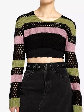 Social Collision XL Striped Cropped Open Knit Sweater Black Pink Green